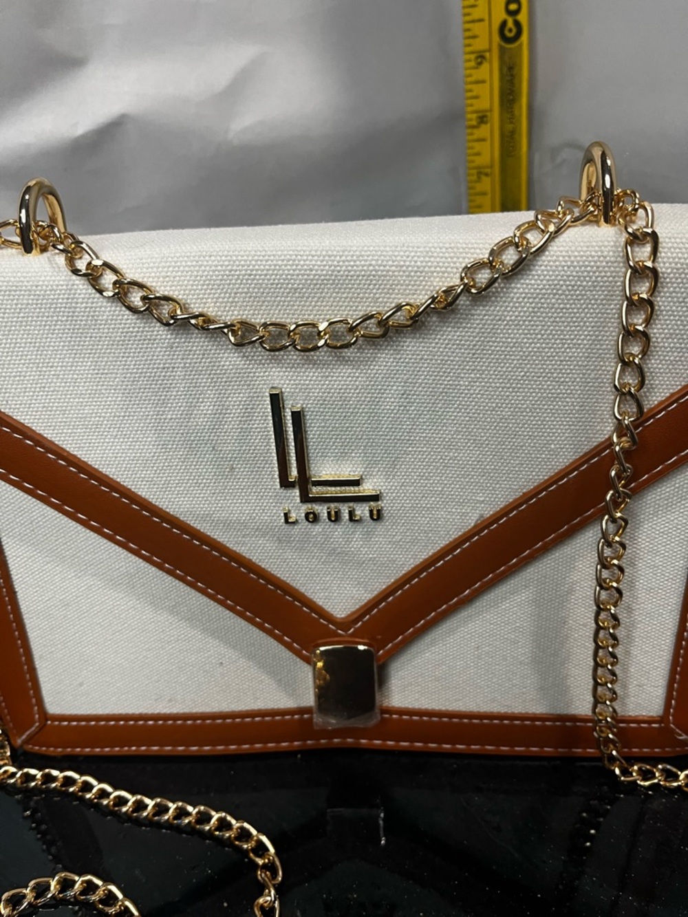 LOULU White Brown Shoulder Bag Gold Hardware Chain Strap Logo Contrast Trim